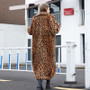 Women Leopard Turndown Collar Furry Long Coat