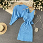 Women French sexy Bodycon Strap Dress +and loose knitting sweater two-piece set