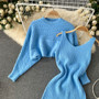 Women French sexy Bodycon Strap Dress +and loose knitting sweater two-piece set