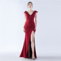 Women Elegant Beading Slit Formal Party Evening Dress