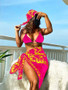 Women Retro Printed Mesh Bikini Swimsuit Three-Piece