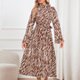 Women Bell Bottom Sleeve Stand Collar Leopard Dress