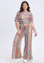 Plus Size Women Casual Short Sleeve Top And Striped Wide Leg Pants Two-piece Set