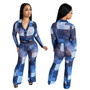 Women Casual Printed Long Sleeve Shirt and Pant Two-piece Set