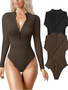 Long-Sleeved One-Piece Sexy Rib Front Zipper Bodysuit Top