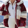 Autumn And Winter Warm Plush Patchwork Zipper Pocket Hooded Loose Coat For Women