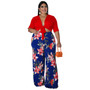 Women'S Plus Size Solid Color Tie Top Floral Print Loose Pants Two Piece Set