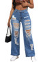 Women High Waist Washed Ripped Denim Pants