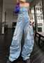 Women Street Style Strapless Pockets Denim Cargo Jumpsuit