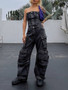 Women Street Style Strapless Pockets Denim Cargo Jumpsuit