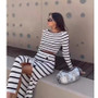 Women Autumn Classic Striped Long Sleeve Crop Top and Button Skirt Two-piece Set