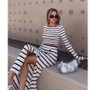 Women Autumn Classic Striped Long Sleeve Crop Top and Button Skirt Two-piece Set