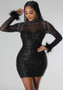 Sexy See-Through Mesh Feather Bodycon Slim Sequin Beaded Dress