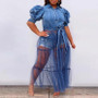 New Plus Size Women's Dress Cardigan Maxi Chic Career Blue Denim Patchwork Mesh Skirt