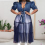 New Plus Size Women's Dress Cardigan Maxi Chic Career Blue Denim Patchwork Mesh Skirt