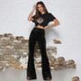 Women High Waist Gold Velvet Casual Wide Leg Bell-Bottom Pants