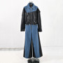 Autumn And Winter New Denim Patchwork Pu Jacket + Super Wide-Leg Pants Two-Piece Set