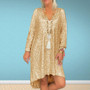 Autumn Short-Sleeved Casual Solid Color Loose Pullover Sequined V-Neck Long Dress