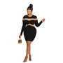 Fashion Women's Solid Color Long Sleeve Round Neck Mesh Patchwork Bodycon Dress