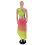 Women's Fashion Gradient Printed One Shoulder Pleated Maxi Dress