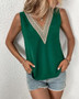 V-Neck Lace Patchwork Sleeveless Simple Summer Solid Color Vest