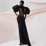Puff Sleeve Low Back Black Evening Dress Long Party Dress