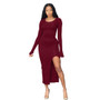 Women Fall Sexy Long Sleeve Slit Irregular Round Neck Dress