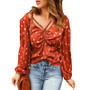 Women'S Fall Polka Dot Printed Shirt V-Neck Cross Drawstring Print Puff Sleeve Top