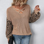 Women Leopard Print Patchwork Knitting Shirt Autumn And Winter Cross Neck Lantern Sleeve Sweater