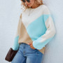 Women'S Fall/Winter Color Contrast Round Neck Knitting Shirt Lantern Sleeve Sweater