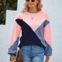 Women'S Fall/Winter Color Contrast Round Neck Knitting Shirt Lantern Sleeve Sweater