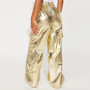 Women Summer Metallic Button Zipper Drawstring Pant