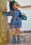 Girls long sleeve plaid shirt pleated skirt