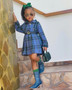 Girls long sleeve plaid shirt pleated skirt