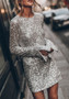 Women Party Sequin Long Sleeve Slit Dress