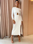 Women Cutout Round Neck Solid Long Sleeve Slit Dress