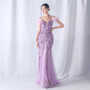 Women ostrich feather mesh floral sequin wedding evening dress