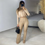 Women Spring Round Neck Long Sleeve Crop Shirt And Pleated High Waist Pants Two-Piece Set