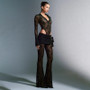 Women Sexy Lace Patchwork Deep V Long Sleeve Top and See-Through High Waist Bell Bottom Pants Two Piece Set