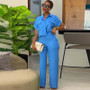 Women Casual Solid Turndown Collar short-sleeved shirt and wide-leg Pant two-piece set
