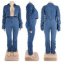 Plus Size Women Fall/Winter Pleated Long Sleeve Top and Stacked Denim Pant Two-piece Set