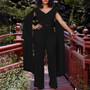 Plus Size African Women V-neck Top and Wide Leg Pants Two-piece Set