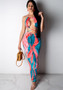 Women's multicolor printed Halter Neck Open Waist Low Back Irregular Nightclub Dress