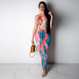 Women's multicolor printed Halter Neck Open Waist Low Back Irregular Nightclub Dress