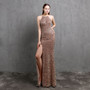 Summer Elegant Sequins Sleeveless Halter Split Evening Dress