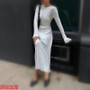 Autumn And Winter Casual Slim Waist V-Neck Wide Ribbed Slim Fit Knitting Long Dress For Women