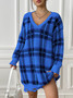 Women Autumn and Winter Contrast Color Patchwork Plaid Long Sleeve Casual Sweater Dress