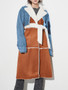 Women Autumn/Winter Turndown Collar Long Sleeve Lace-Fly Lamb Maxi Colorblock Denim Coat