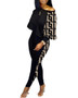 Women Long Sleeve Round Neck Print Off Shoulder Top and Pant Casual Two Piece Set