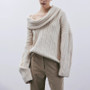 Women Autumn Trend Irregular Off Shoulder Loose Casual Knitting Shirt Long Sleeve Sweater